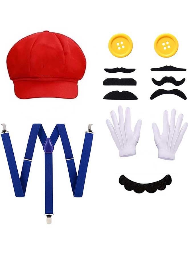RAWAID Retro Red Hat Costume Accessory Set for Kids & Adults – Includes Hat, Gloves, Mustaches, Buttons & Suspenders – Fun Dress-Up Accessories for Parties, Role Play & Events - Image 1